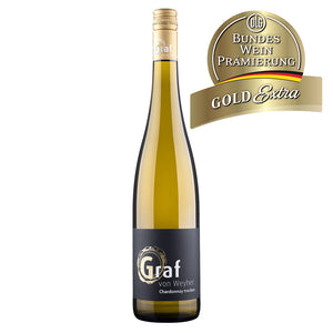 Flaschenfoto: DLG Gold Extra Chardonnay trocken im Eichenfass gereift Weingut Graf von Weyher Pfalz 