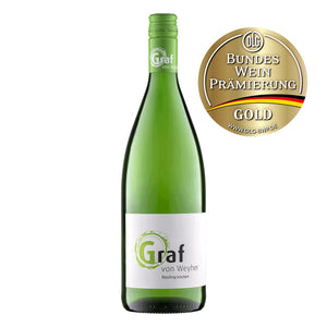 Flaschenfoto: DLG GOLD Riesling trocken 1 Liter Weingut Graf von Weyher Pfalz