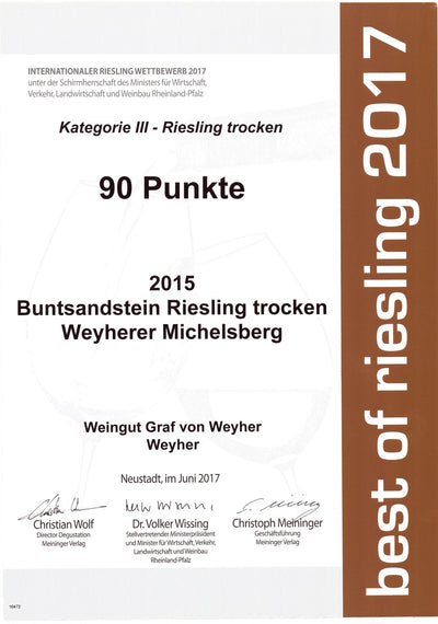 Foto Urkunde internationaler Riesling Wettbewerb 2017 Best of Riesling 90 Punkte Buntsandstein Riesling trocken Weyherer Michelsberg Weingut Graf von Weyher Pfalz