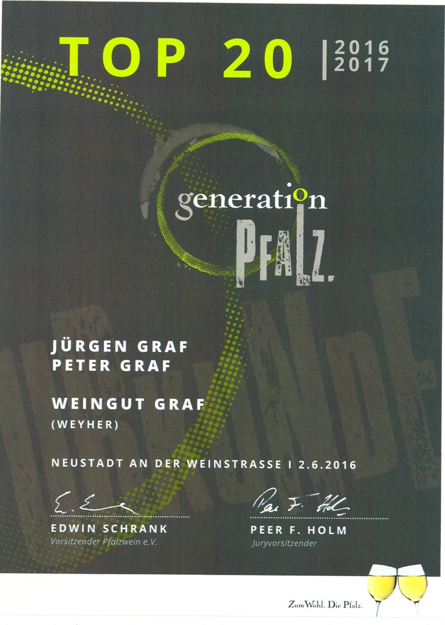 Foto Urkunde Top 20 Generation Pfalz 2016 Peter und Jürgen Graf Weingut Graf von Weyher Pfalz 